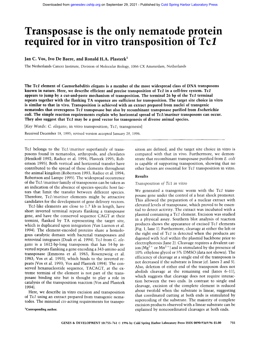 Transposase.Is the Only Nematode Protein Required for in Vitro Transposition of Tcl