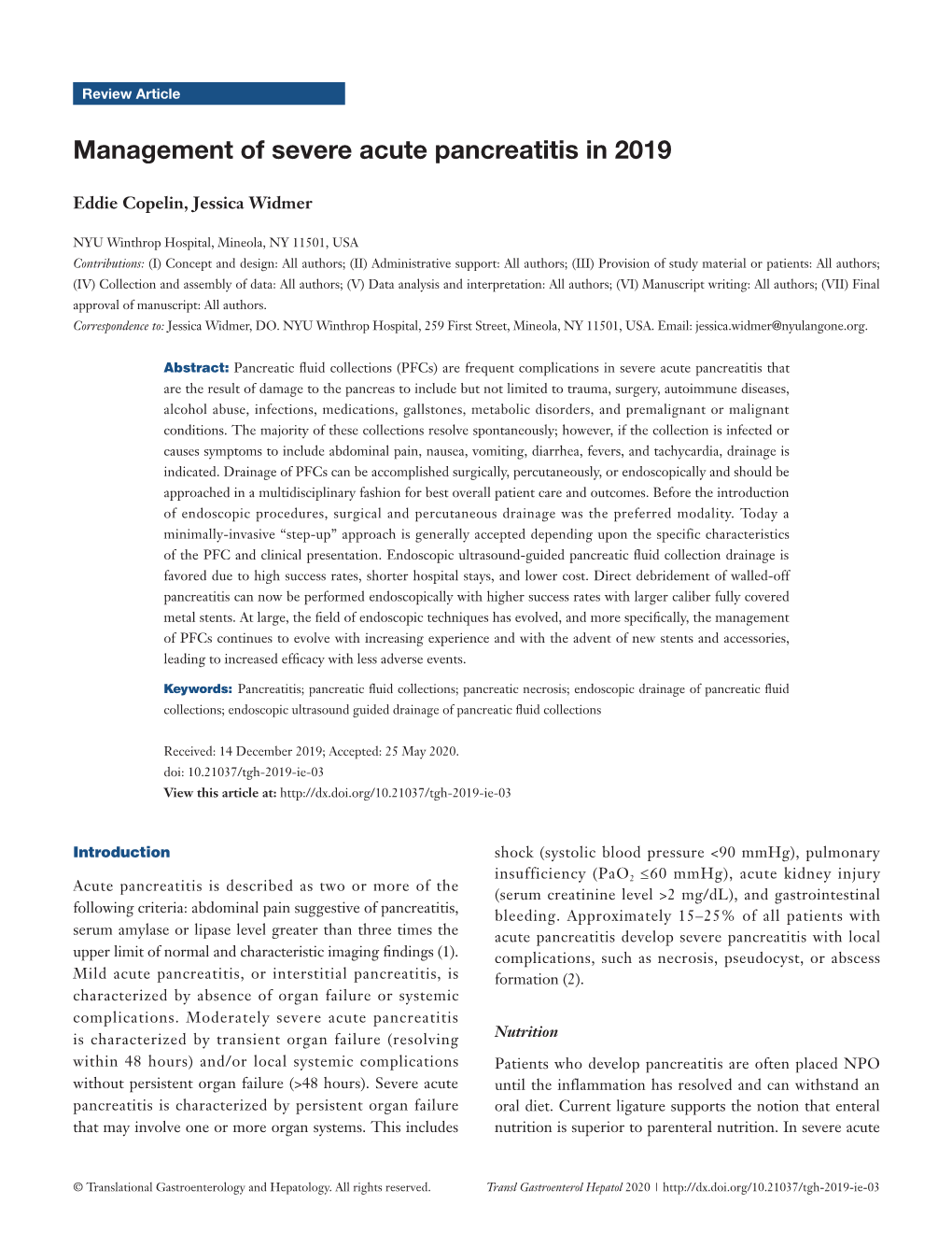 Management of Severe Acute Pancreatitis in 2019