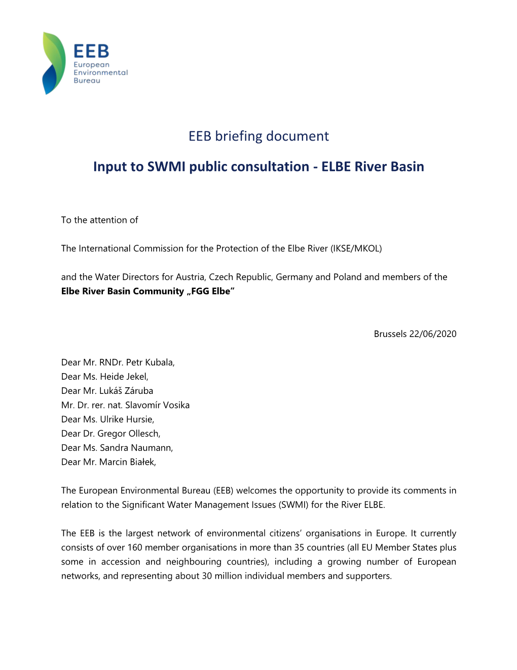 EEB Briefing Document Input to SWMI Public Consultation - ELBE River Basin