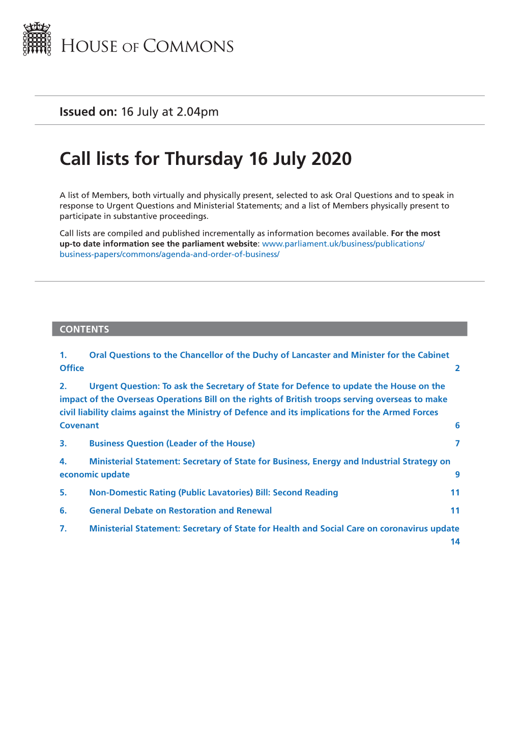 Call List for Thu 16 Jul 2020