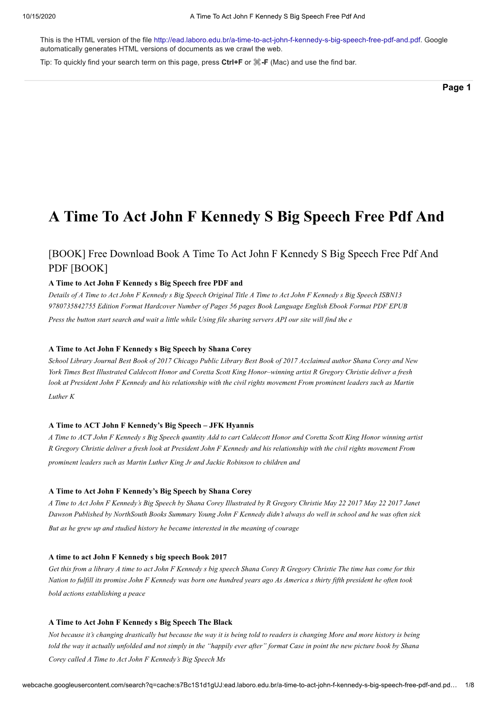 A Time to Act John F Kennedy S Big Speech Free Pdf And