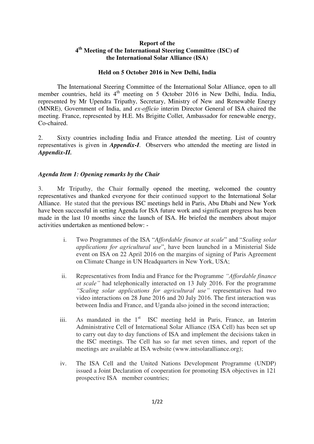 (ISC) of the International Solar Alliance (ISA) Held on 5 Octobe