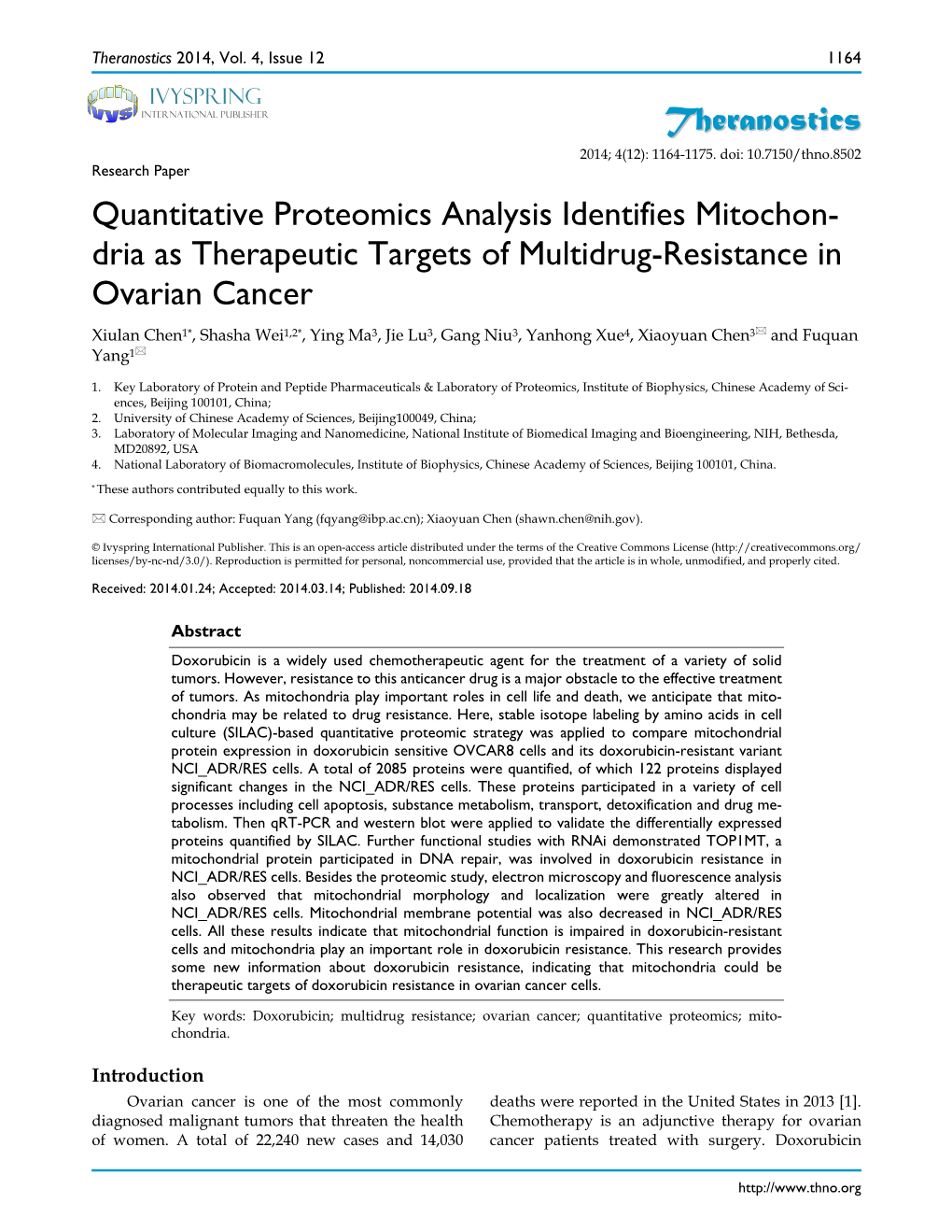 Theranostics Quantitative Proteomics Analysis Identifies Mitochon