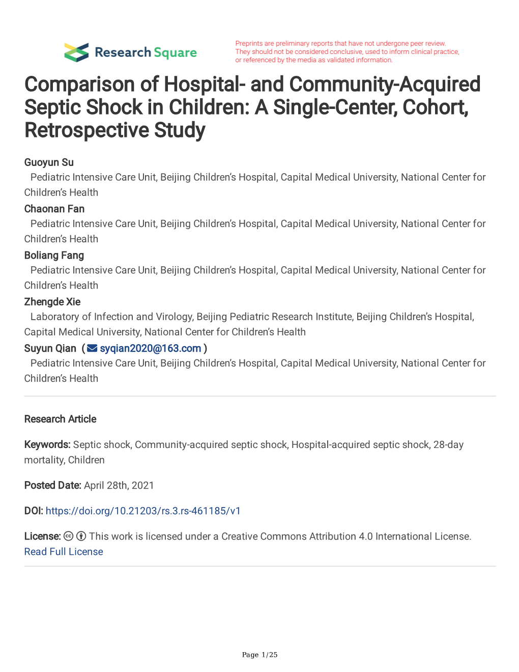 And Community-Acquired Septic Shock in Children: a Single-Center, Cohort, Retrospective Study