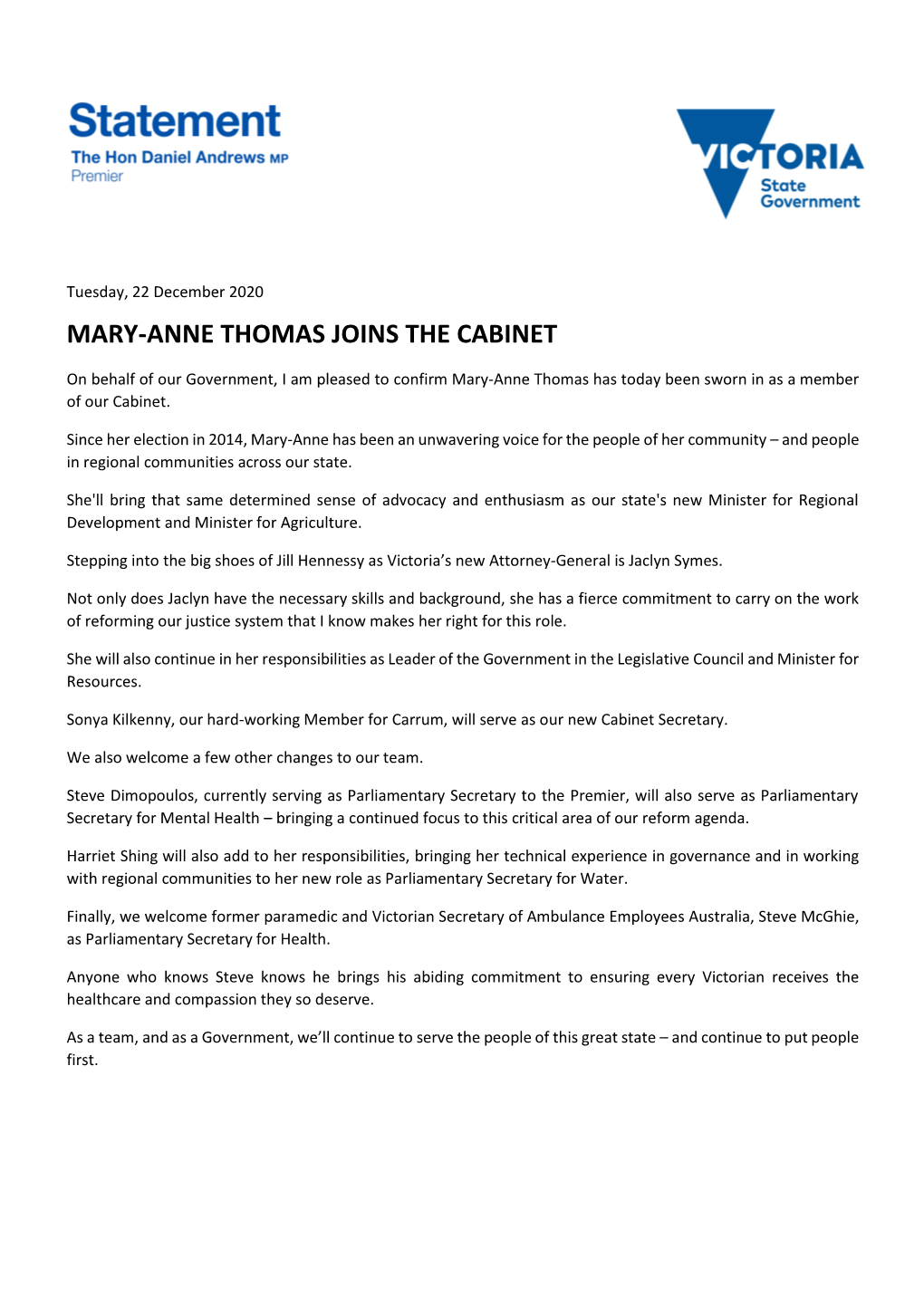 Mary-Anne Thomas Joins the Cabinet