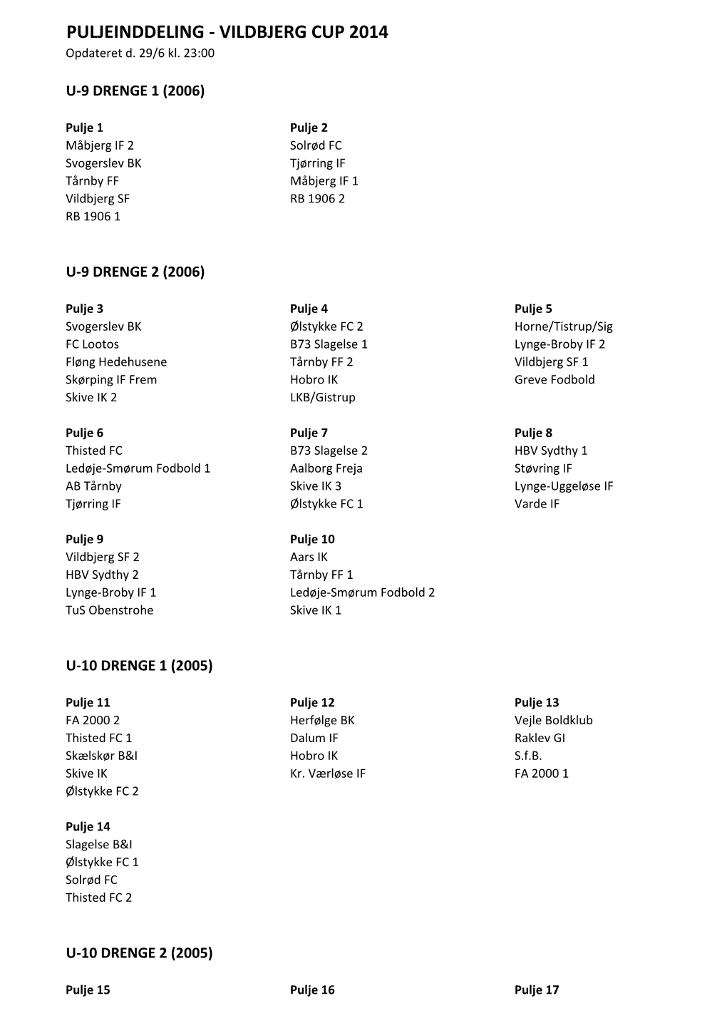 PULJEINDDELING - VILDBJERG CUP 2014 Opdateret D