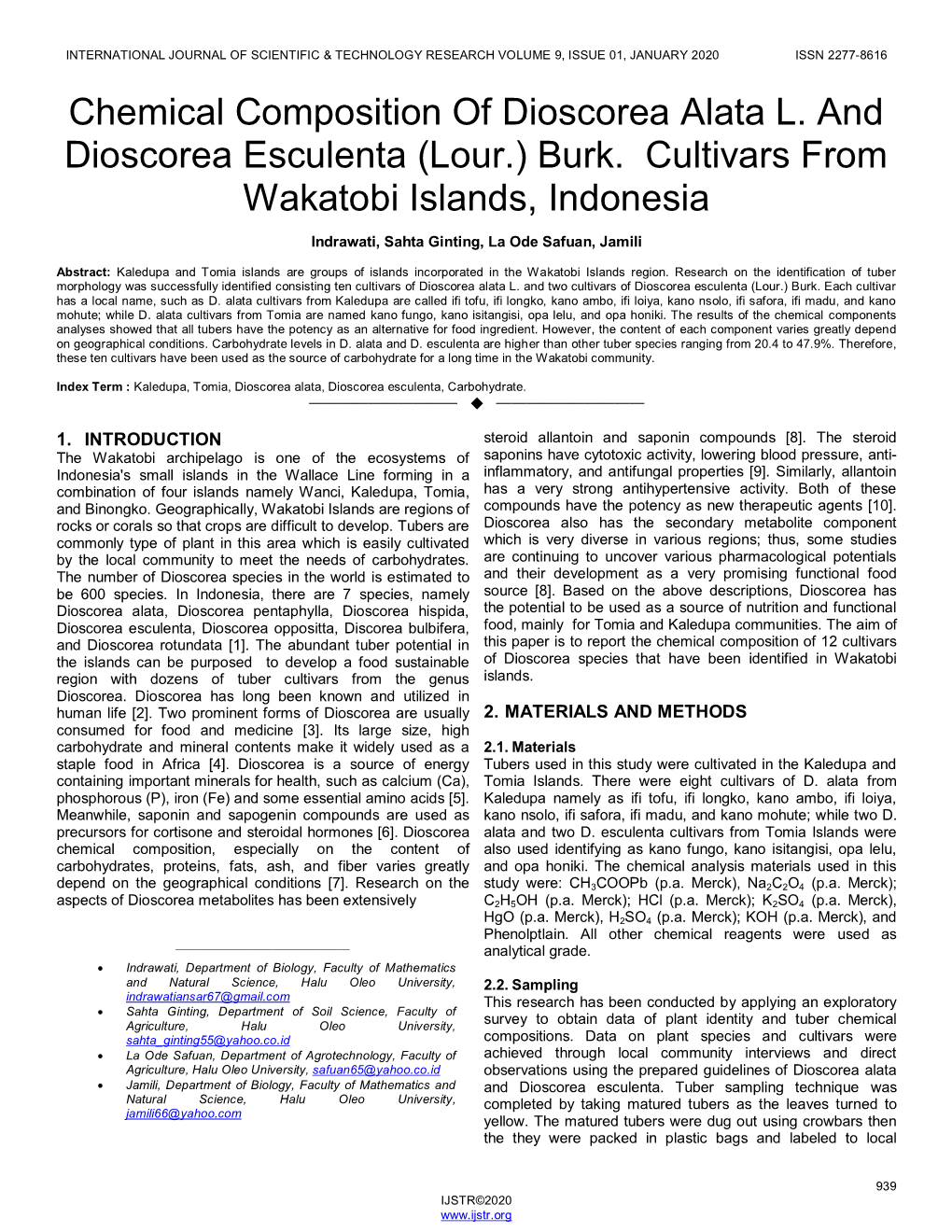 Chemical Composition of Dioscorea Alata L. and Dioscorea Esculenta (Lour.) Burk