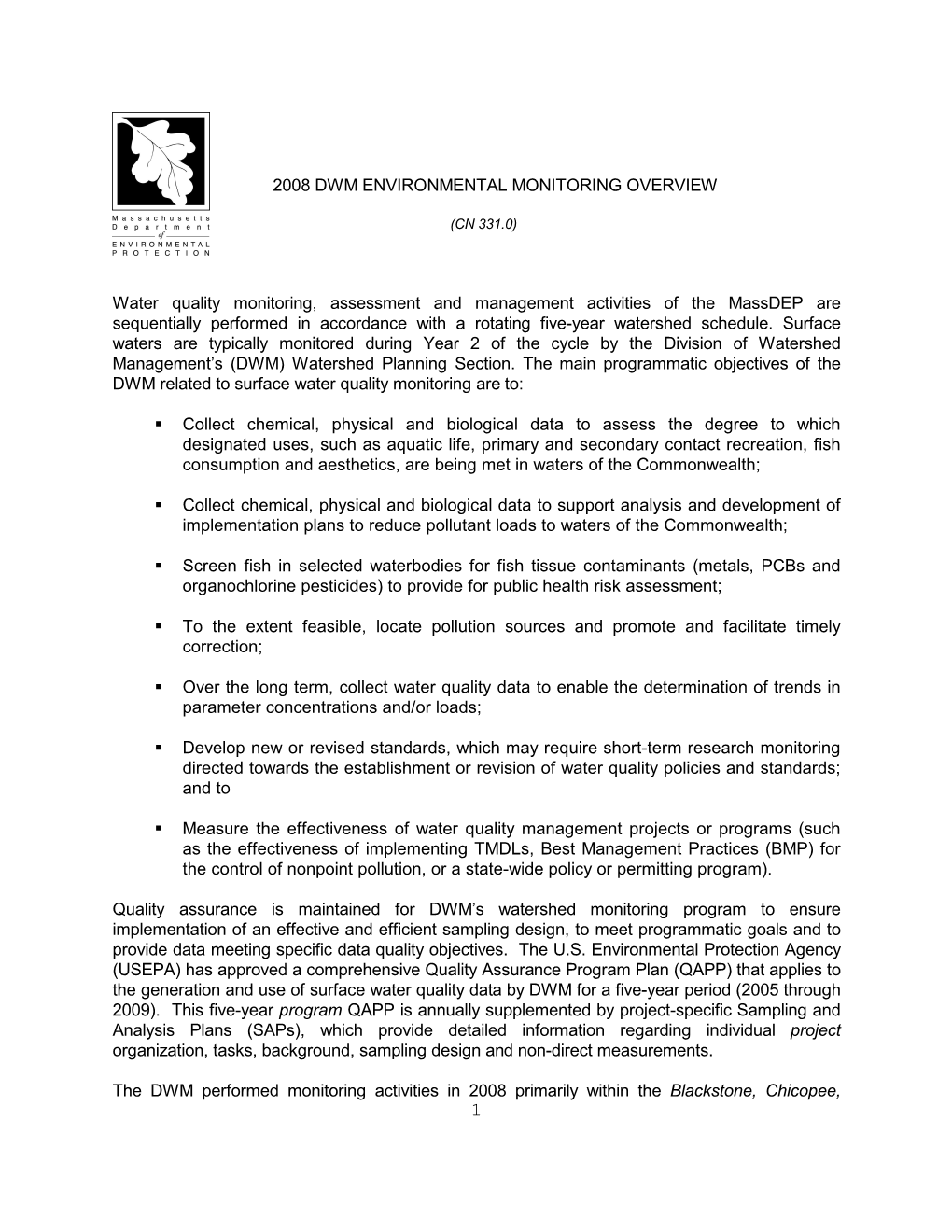 2008 DWM ENVIRONMENTAL MONITORING OVERVIEW Water