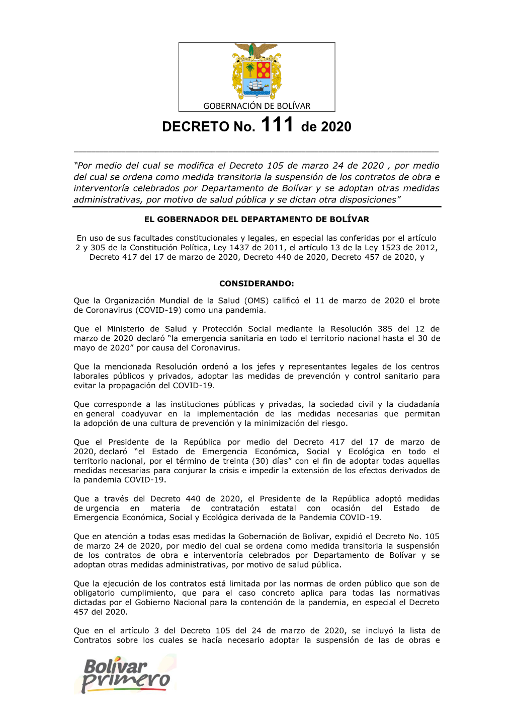 DECRETO No. 111 De 2020 ______