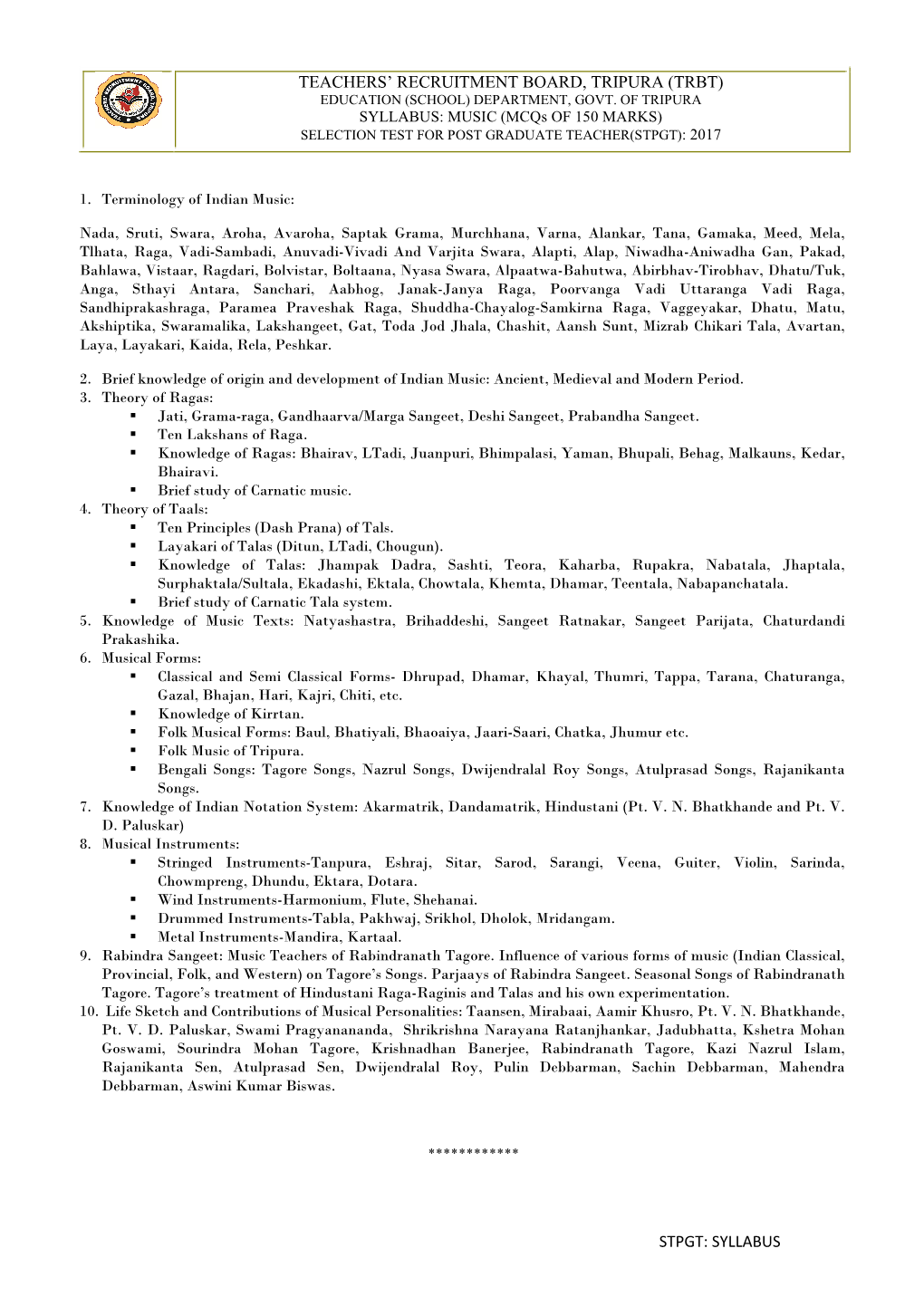 Syllabus: Selection Test for Post Graduate Teachers(STPGT)- Music