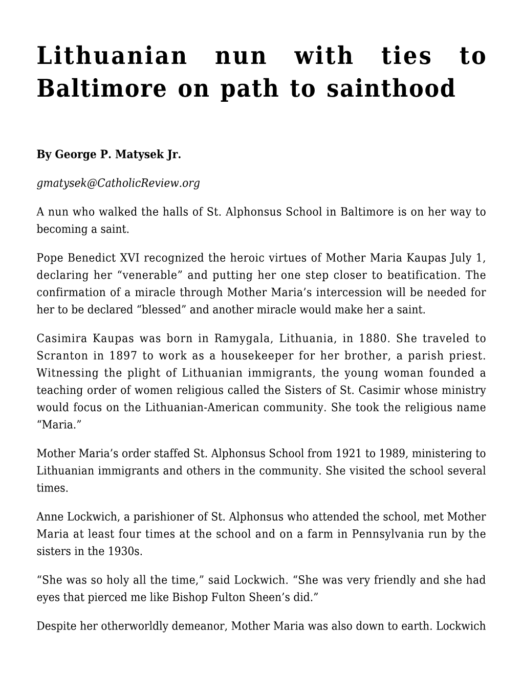 Lithuanian Nun with Ties to Baltimore on Path to Sainthood