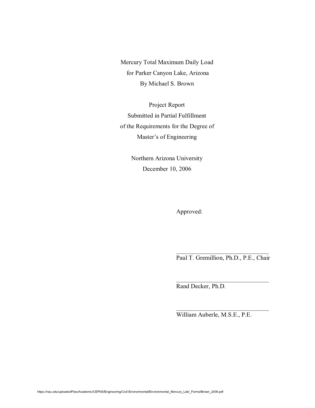 Mercury Total Maximum Daily Load for Parker Canyon Lake, Arizona by Michael S