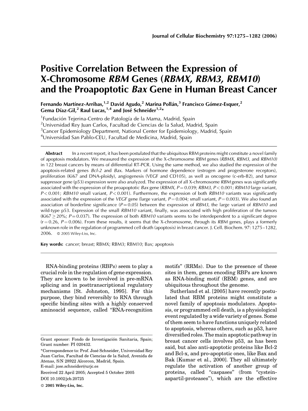 Positive Correlation Between the Expression of X-Chromosome RBM Genes (RBMX, RBM3, RBM10) and the Proapoptotic Bax Gene in Human Breast Cancer