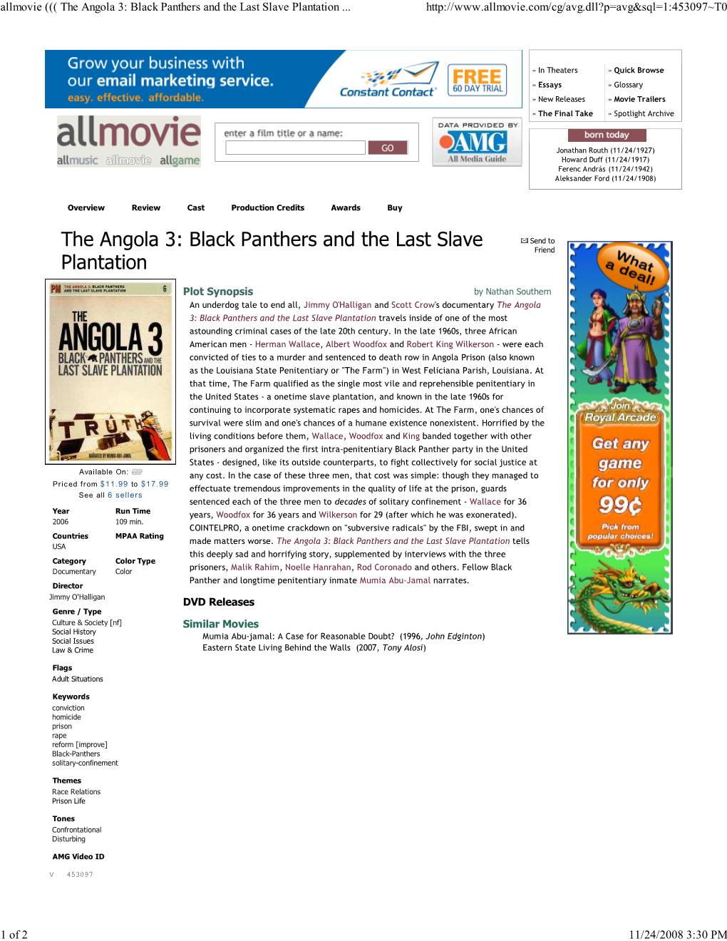 Allmovie ((( the Angola 3: Black Panthers and the Last Slave Plantation