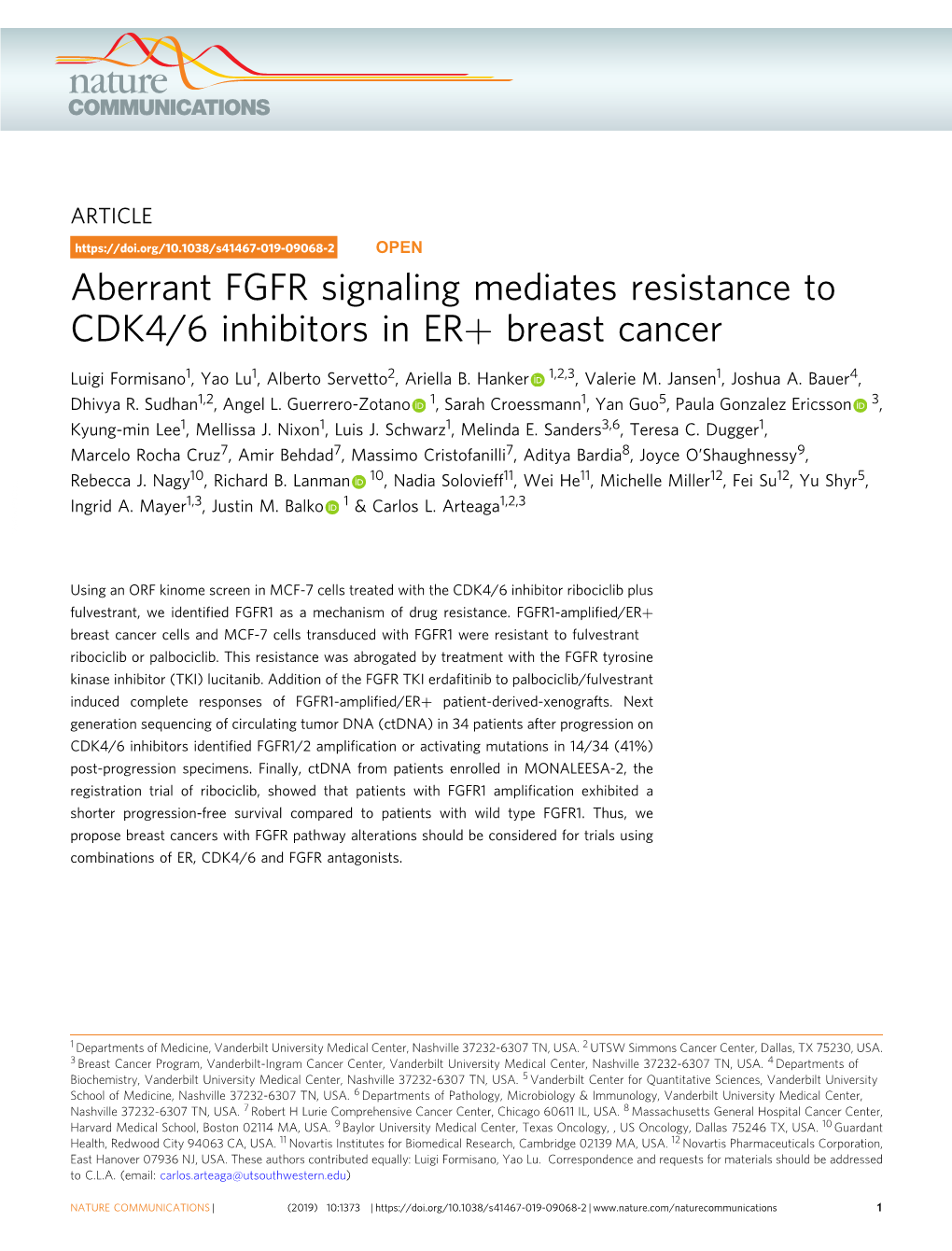 Aberrant FGFR Signaling Mediates Resistance to CDK4/6 Inhibitors in ER+ Breast Cancer