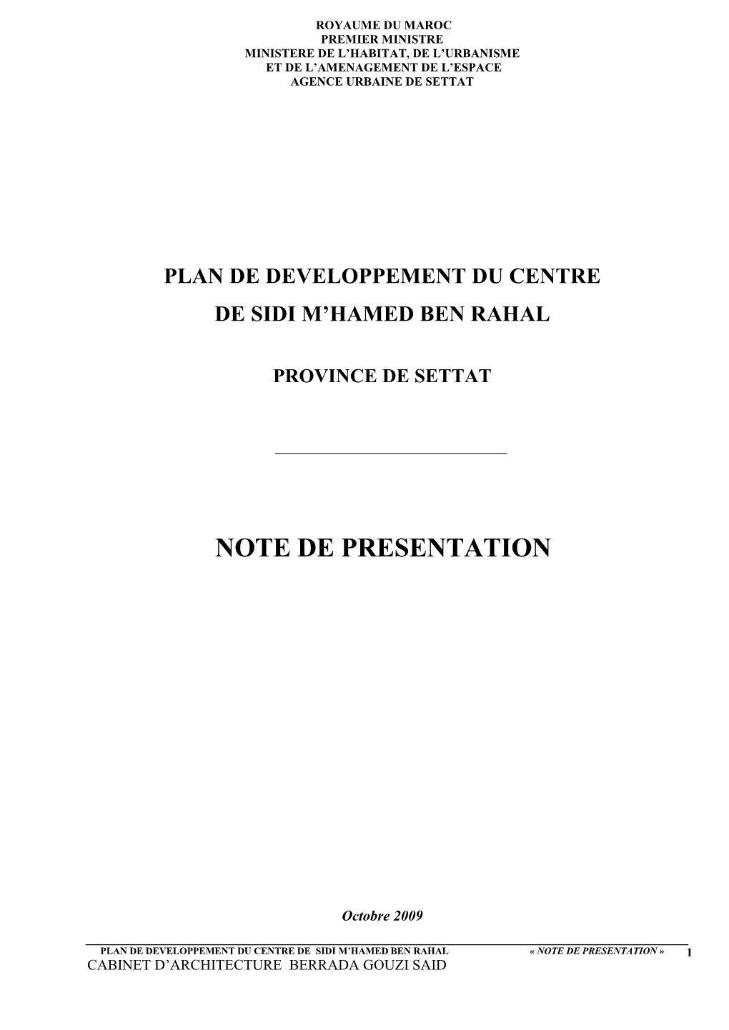 Plan De Developpement Du Centre De Sidi M'hamed Ben Rahal