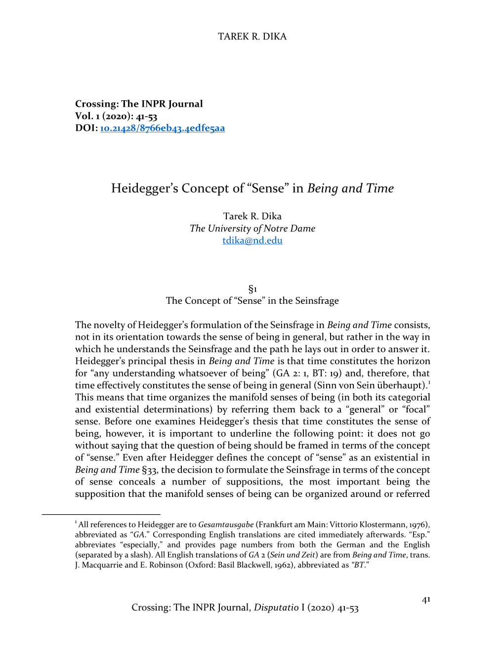 Heidegger's Concept of “Sense” in Being and Time