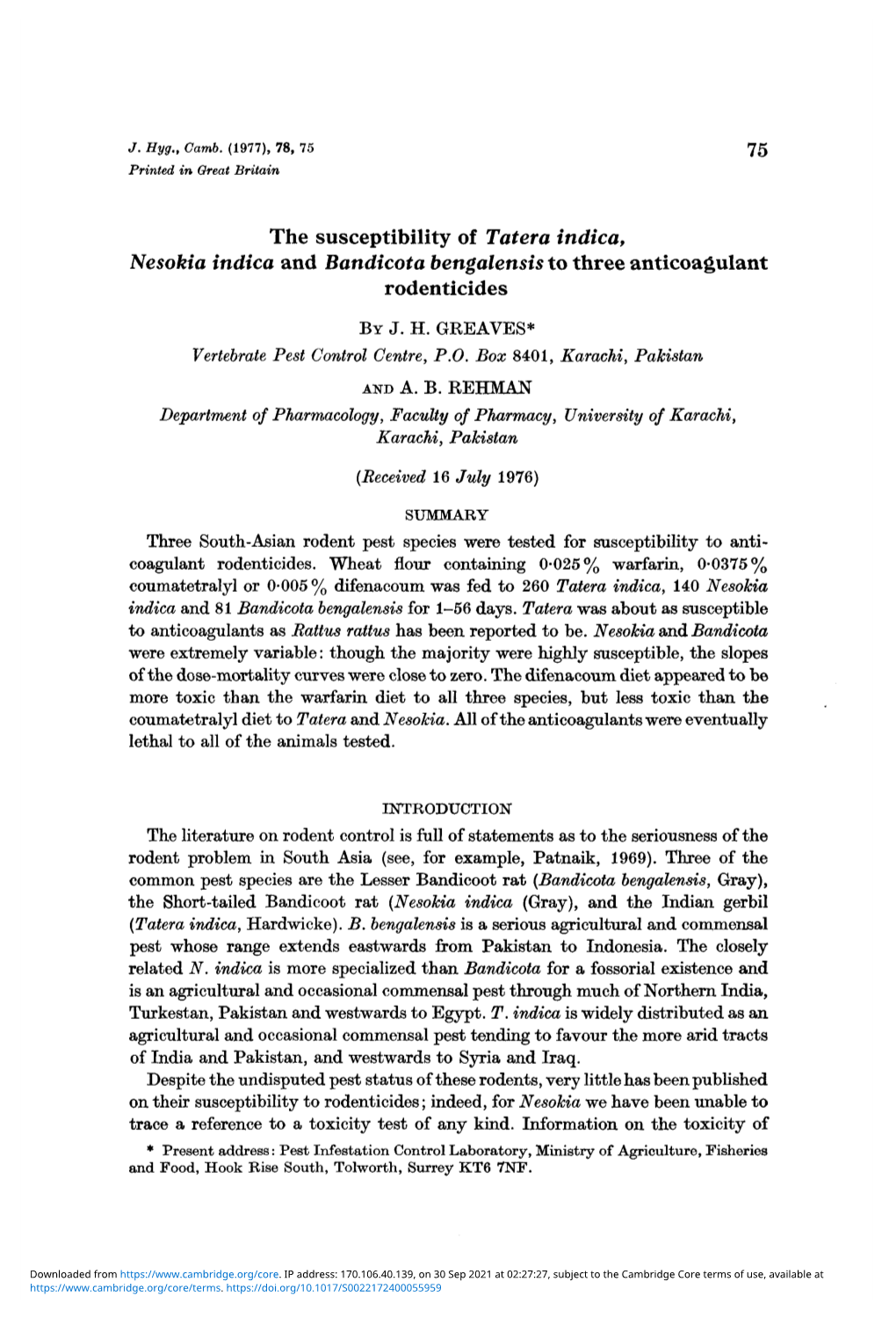 The Susceptibility of Tatera Indica, Nesokia Indica and Bandicota Bengalensis to Three Anticoagulant Rodenticides