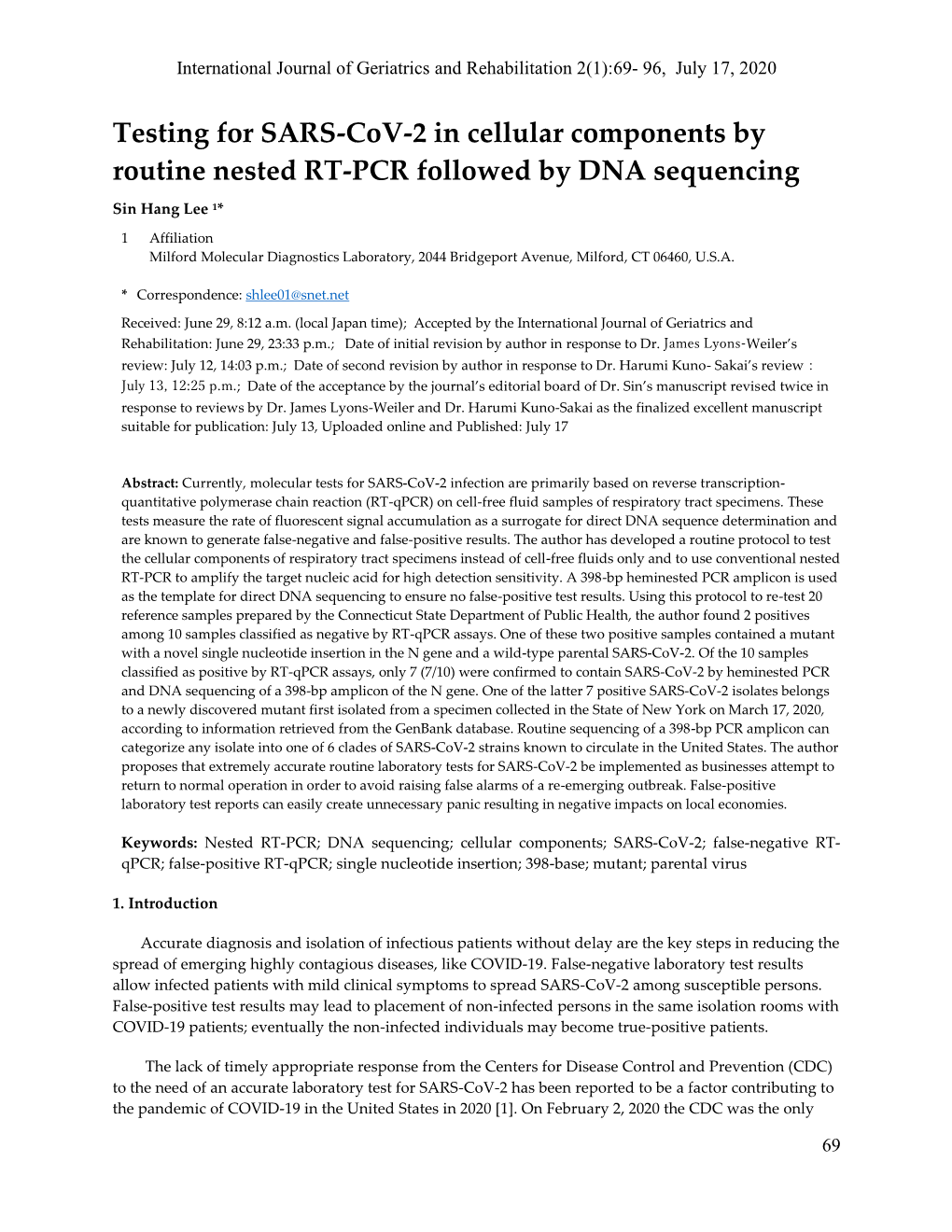 Testing for SARS-Cov-2 in Cellular Components by Routine Nested RT-PCR Followed by DNA Sequencing