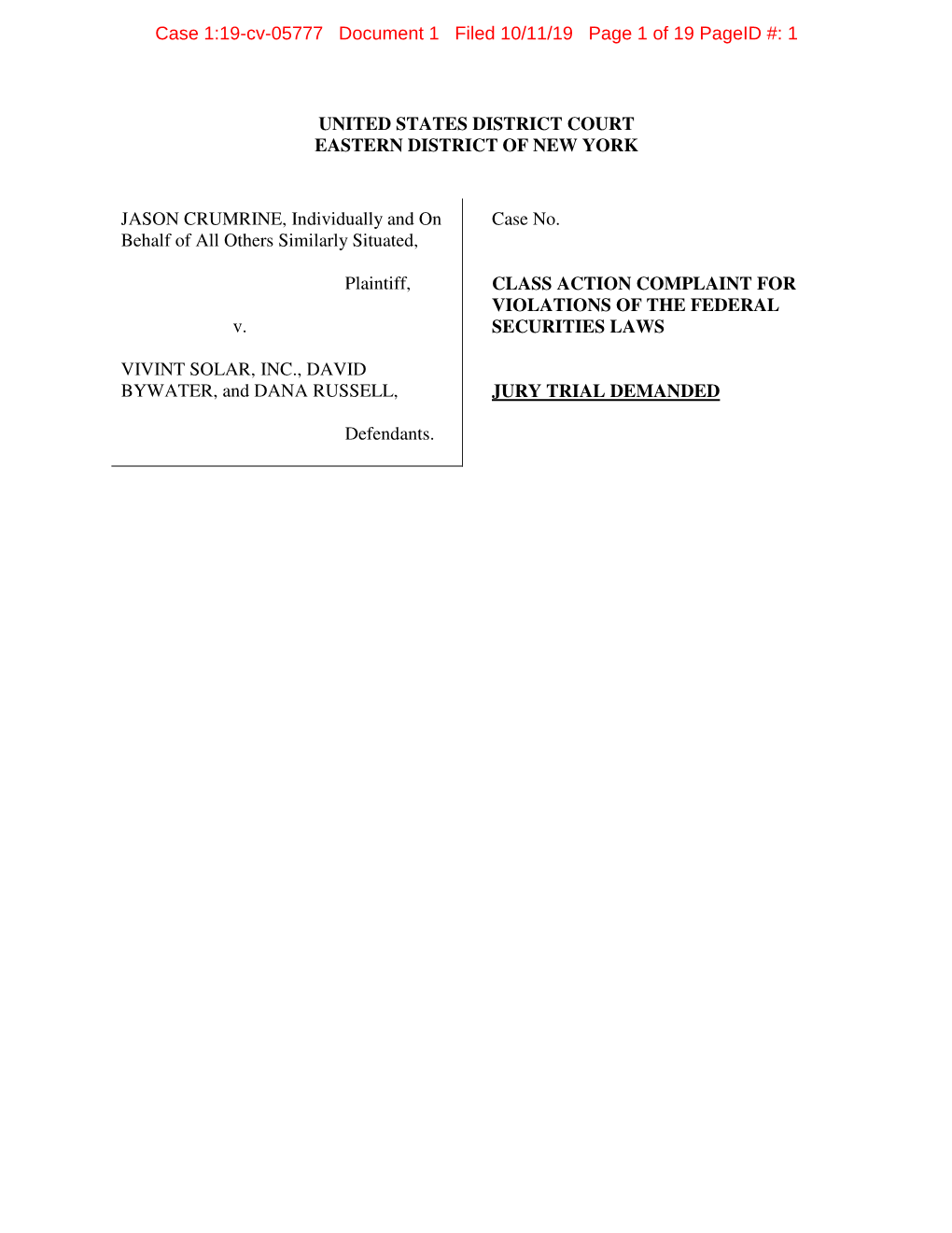 Jason Crumrine, Et Al. V. Vivint Solar, Inc., Et Al. 19-CV-05777-Class