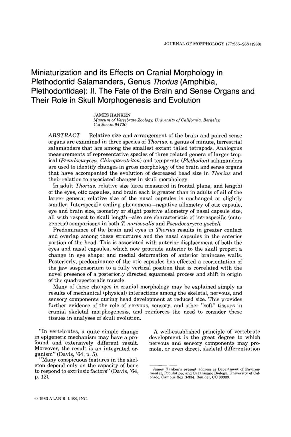 Miniaturization and Its Effects on Cranial Morphology in Plethodontid Salamanders, Genus Thorius (Amphibia, Plethodontidae): II