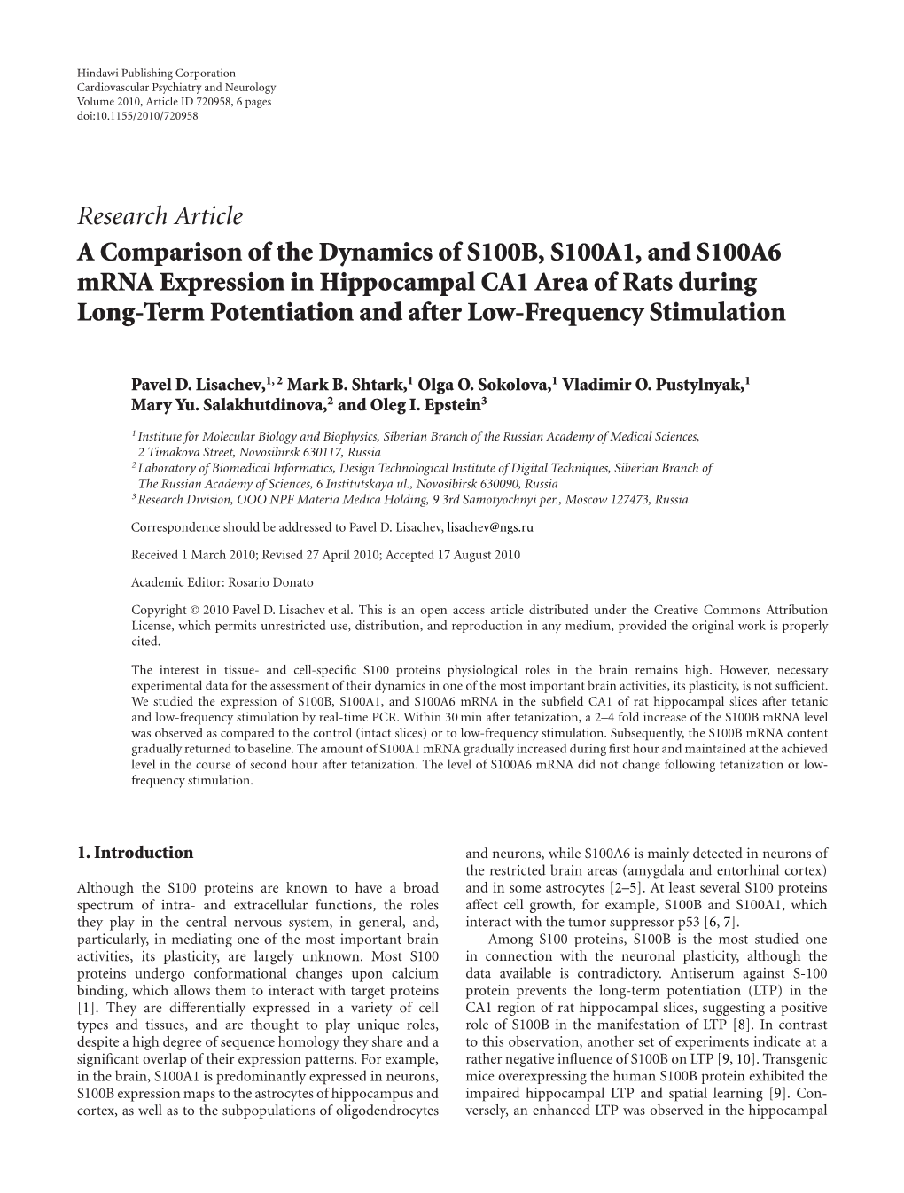 A Comparison of the Dynamics of S100B, S100A1, and S100A6 Mrna Expression in Hippocampal CA1 Area of Rats During Long-Term Potentiation and After Low-Frequency