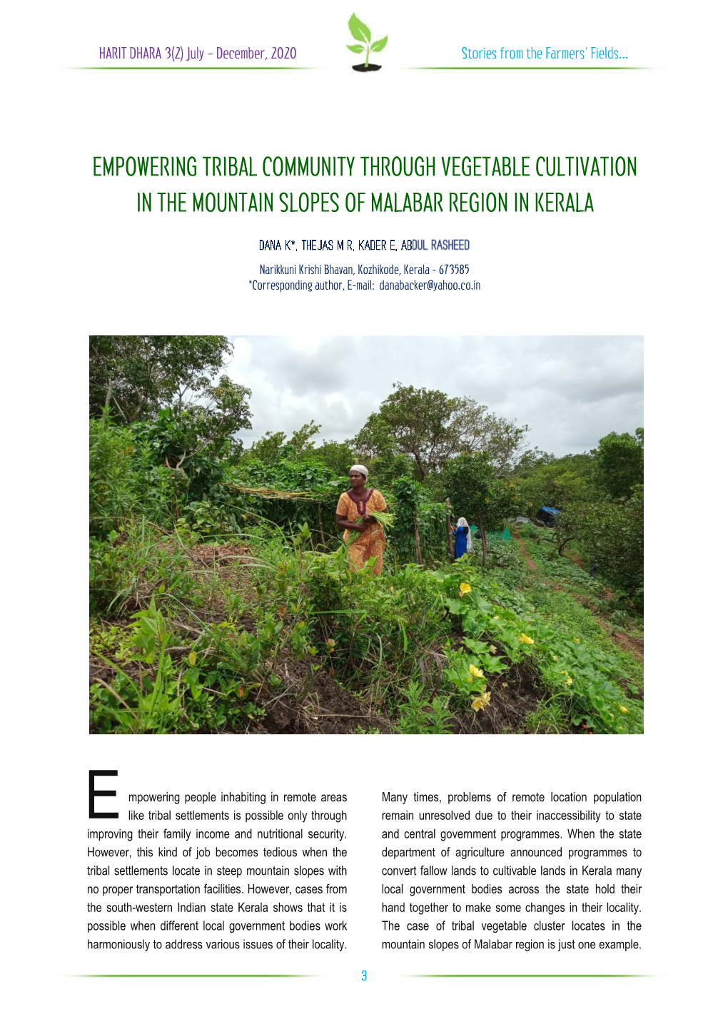 Empowering Tribal Community Through Vegetable Cultivation in the Mountain Slopes of Malabar Region in Kerala