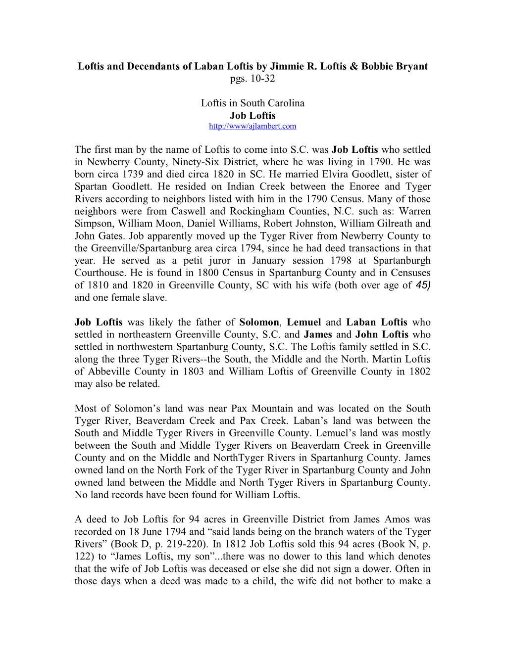 Loftis and Decendants of Laban Loftis by Jimmie R. Loftis & Bobbie Bryant Pgs. 10-32 Loftis in South Carolina Job Loftis
