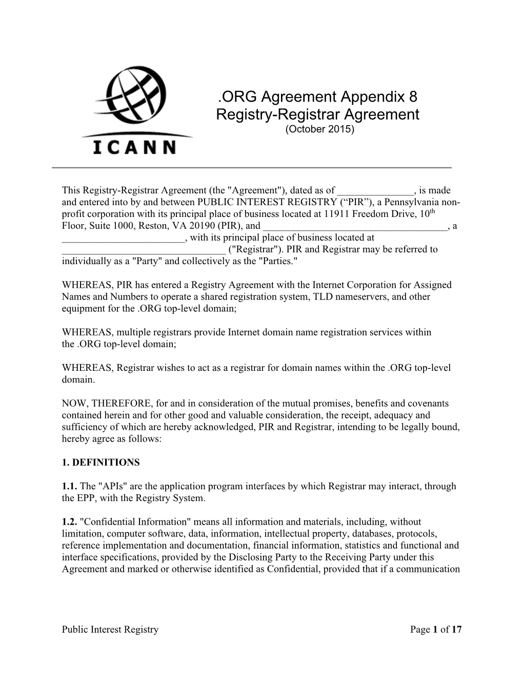 ORG Agreement Appendix 8 Registry-Registrar Agreement (October 2015)