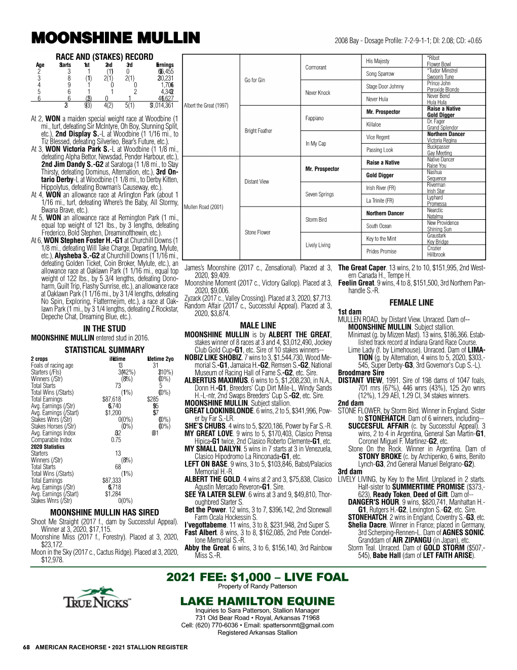 MOONSHINE MULLIN 2008 Bay - Dosage Profile: 7-2-9-1-1; DI: 2.08; CD: +0.65