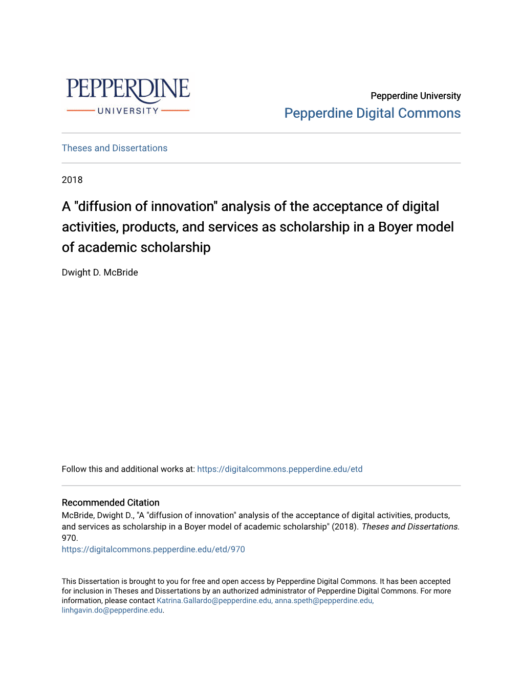 A "Diffusion of Innovation" Analysis of the Acceptance of Digital Activities, Products, and Services As Scholarship in a Boyer Model of Academic Scholarship