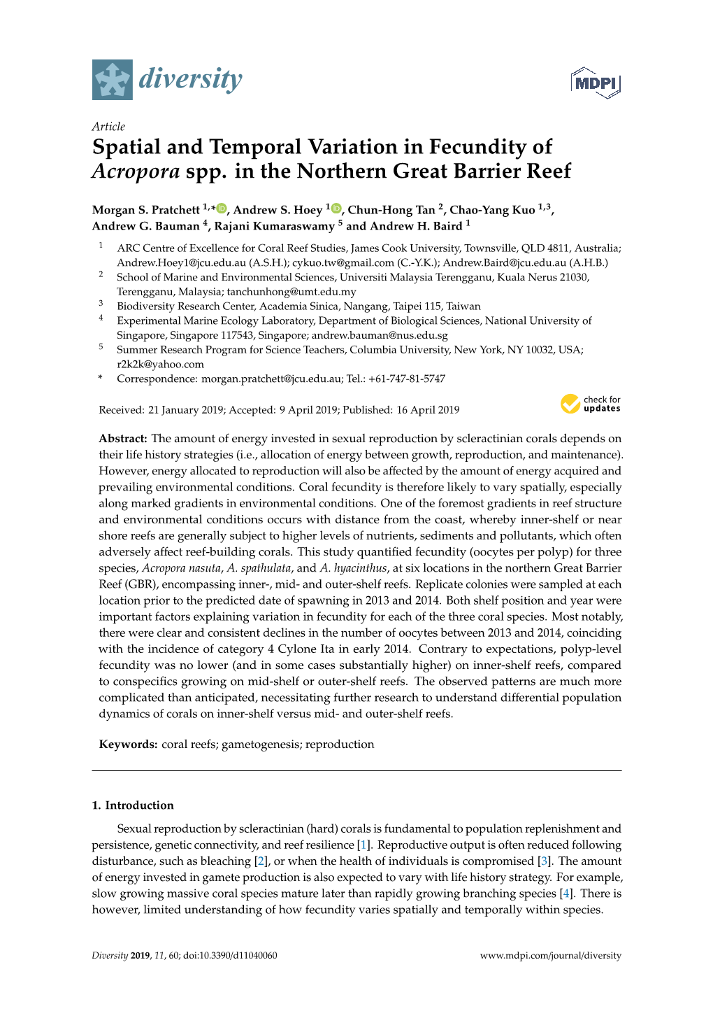 Spatial and Temporal Variation in Fecundity of Acropora Spp. in the Northern Great Barrier Reef