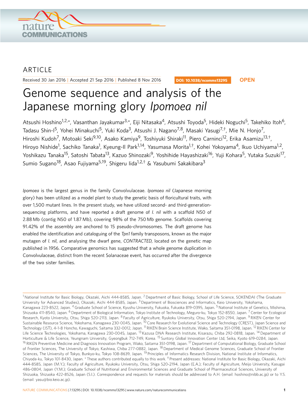 Genome Sequence and Analysis of the Japanese Morning Glory Ipomoea Nil