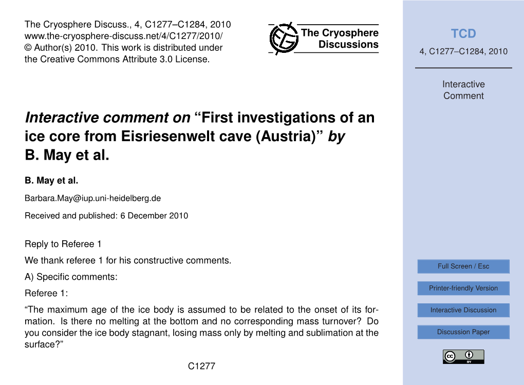 Interactive Comment on “First Investigations of an Ice Core from Eisriesenwelt Cave (Austria)” by B