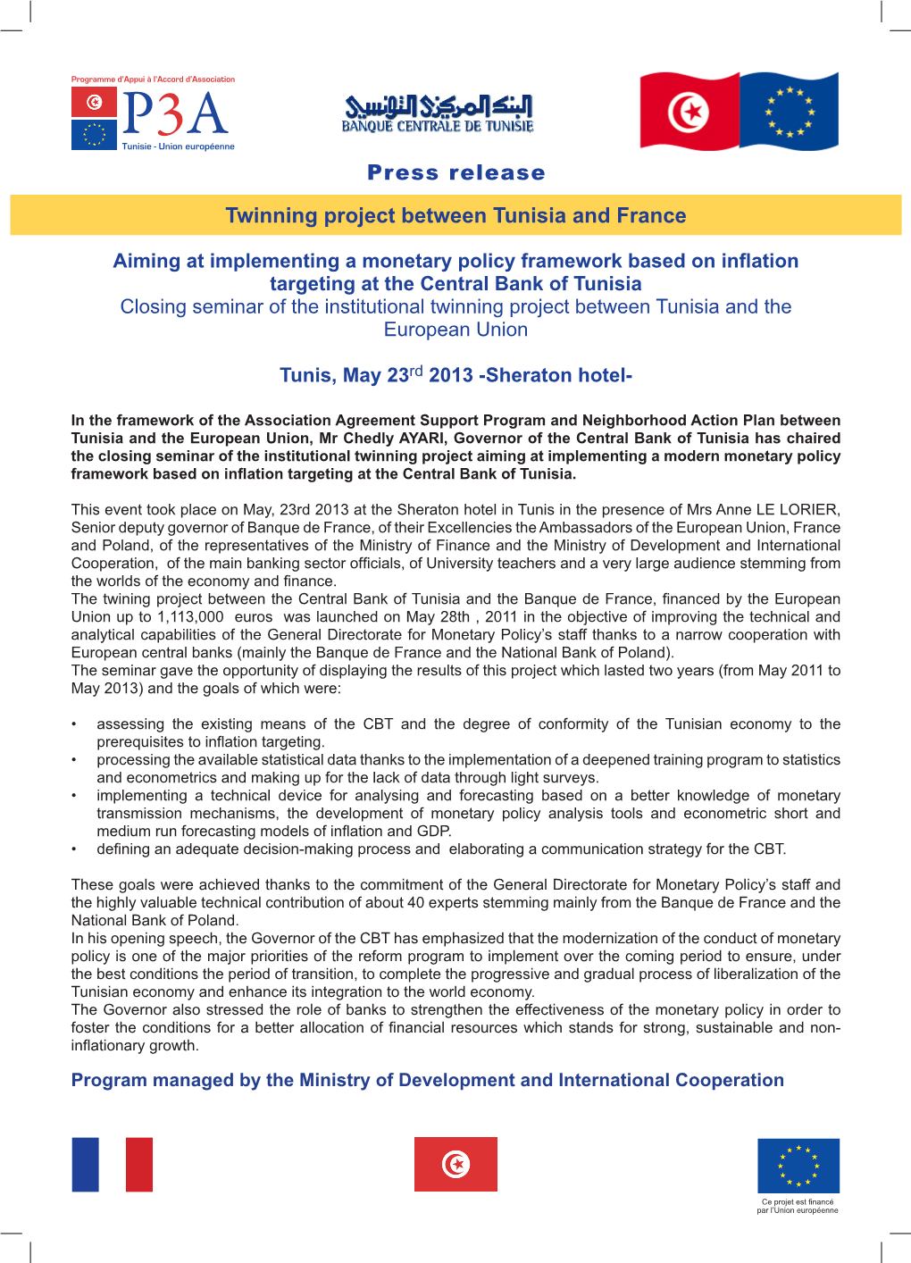 Press Release Twinning Project Between Tunisia and France