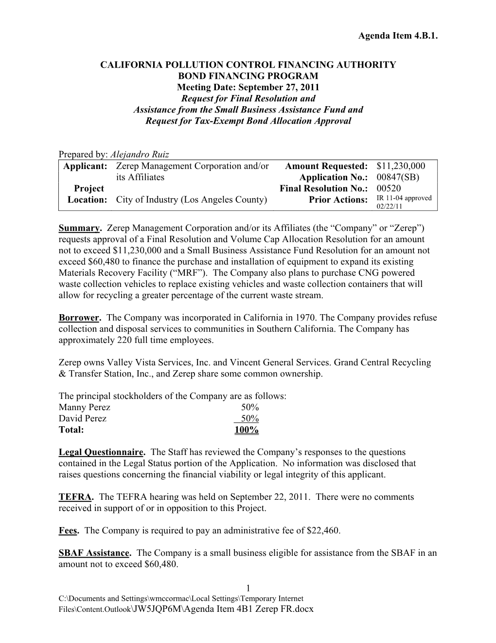 Request for Final Resolution and Assistance from the Small Business Assistance Fund and Request for Tax-Exempt Bond Allocation Approval