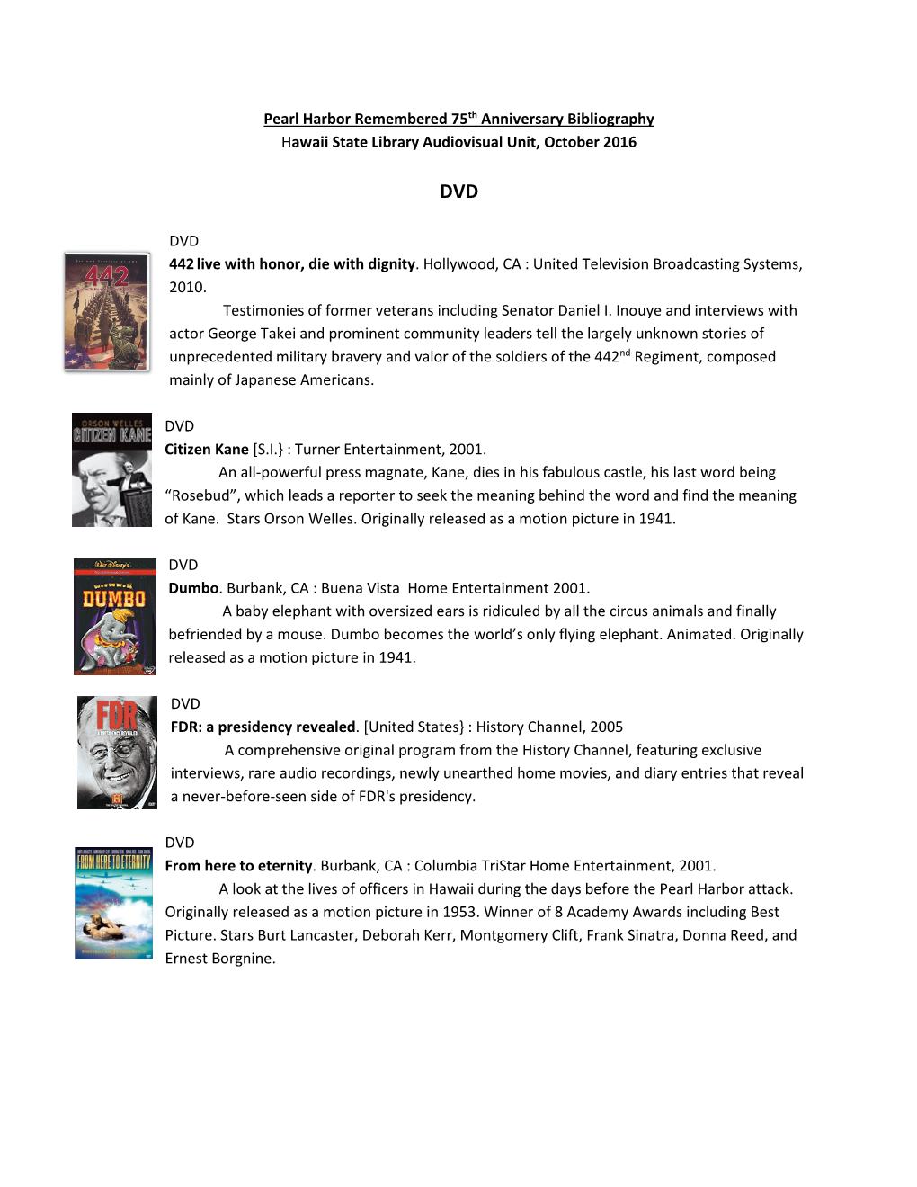 Pearl Harbor Remembered 75Th Anniversary Bibliography Hawaii State Library Audiovisual Unit, October 2016