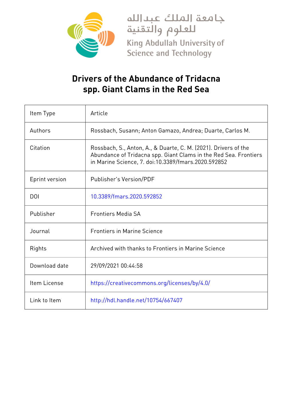 Drivers of the Abundance of Tridacna Spp. Giant Clams in the Red Sea