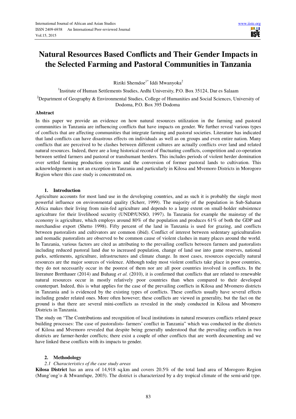 Natural Resources Based Conflicts and Their Gender Impacts in the Selected Farming and Pastoral Communities in Tanzania