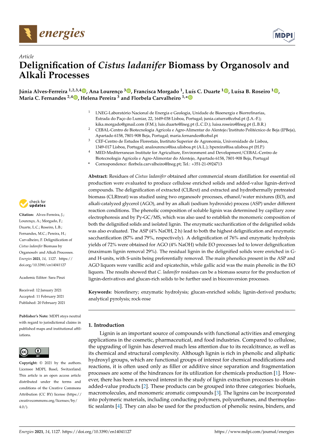 Delignification of Cistus Ladanifer Biomass by Organosolv and Alkali Processes