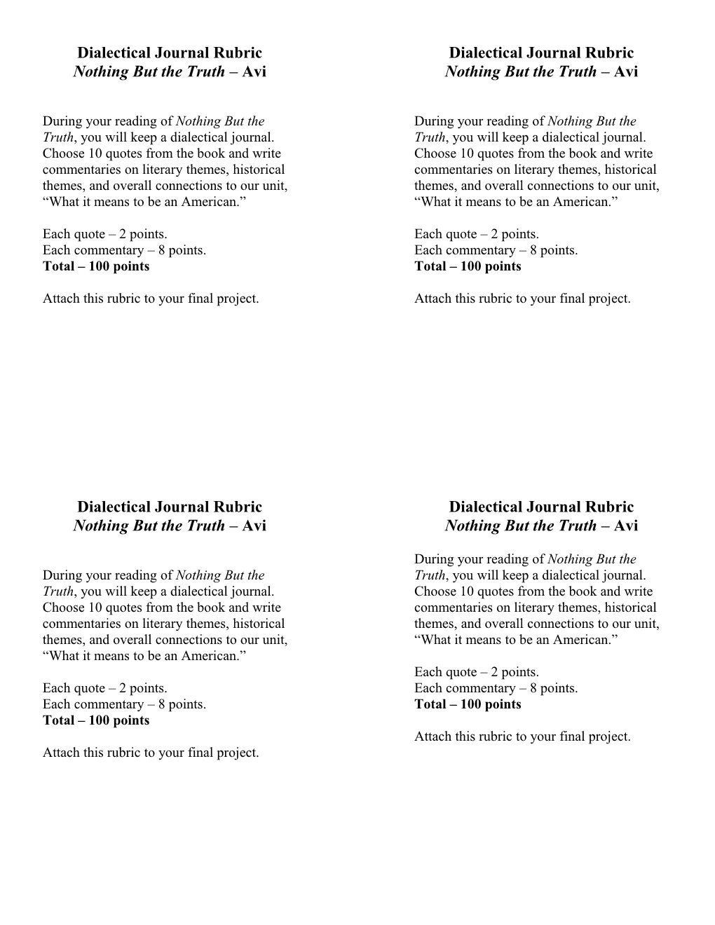 Dialectical Journal Rubric