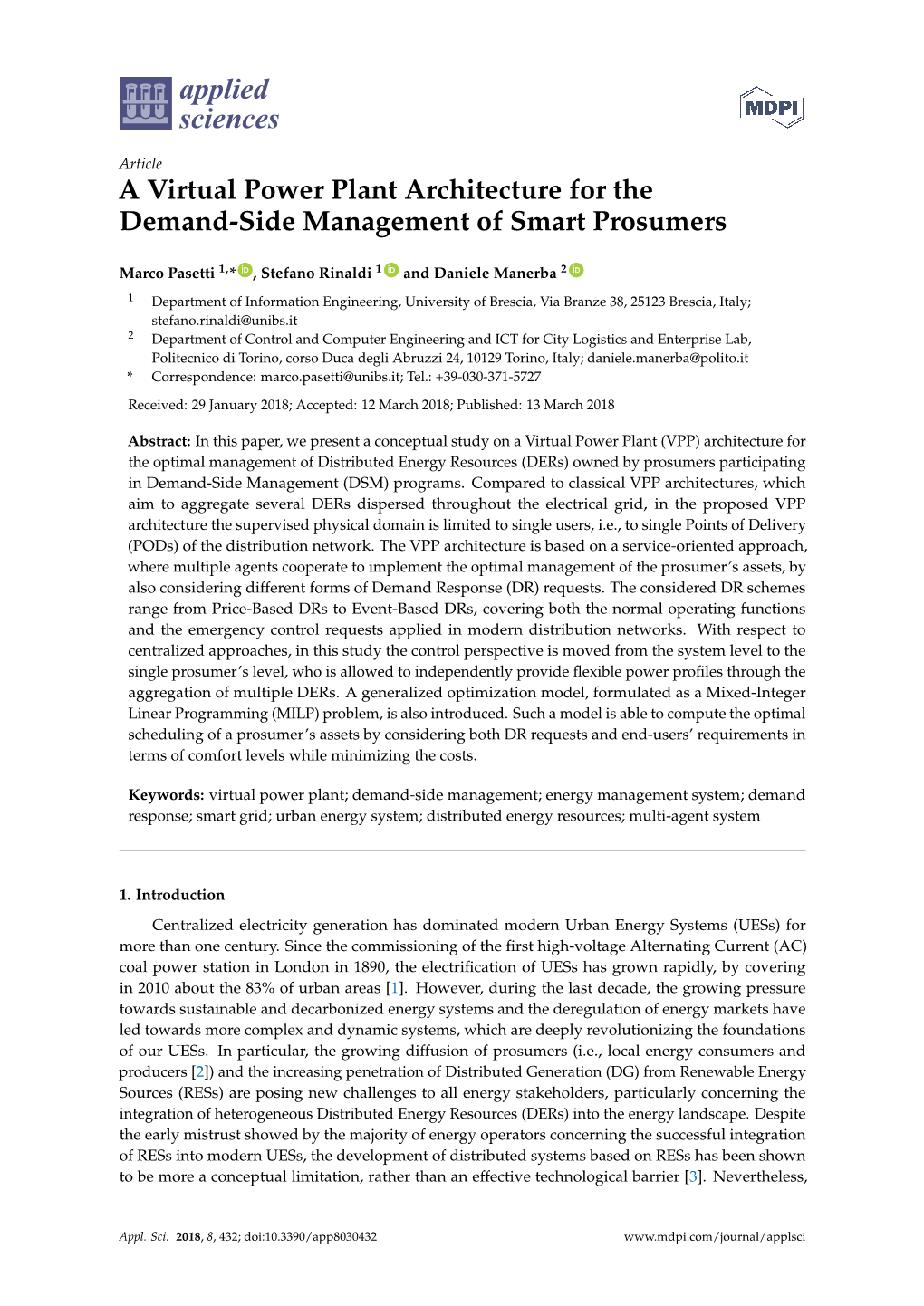 A Virtual Power Plant Architecture for the Demand-Side Management of Smart Prosumers