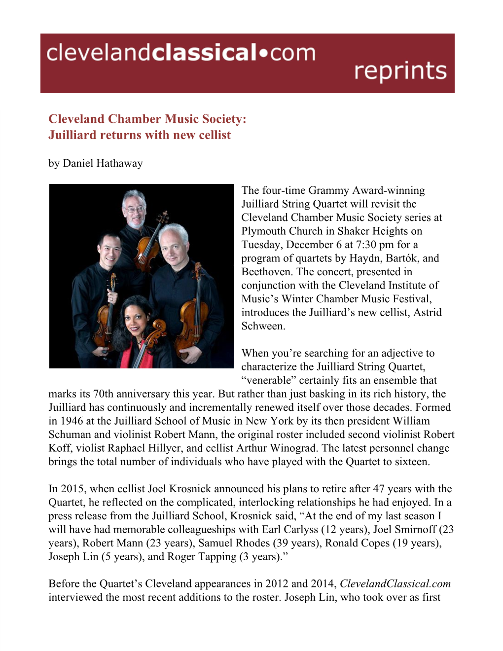 Cleveland Chamber Music Society: Juilliard Returns with New Cellist by Daniel Hathaway