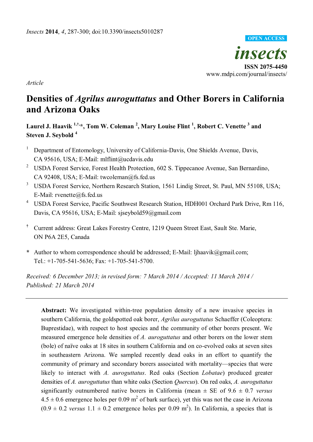 Densities of Agrilus Auroguttatus and Other Borers in California and Arizona Oaks