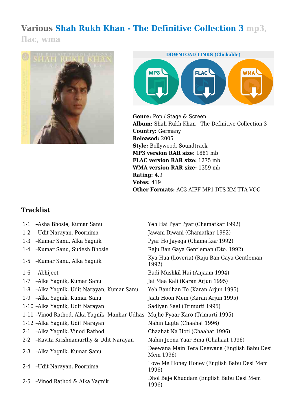 Various Shah Rukh Khan - the Definitive Collection 3 Mp3, Flac, Wma