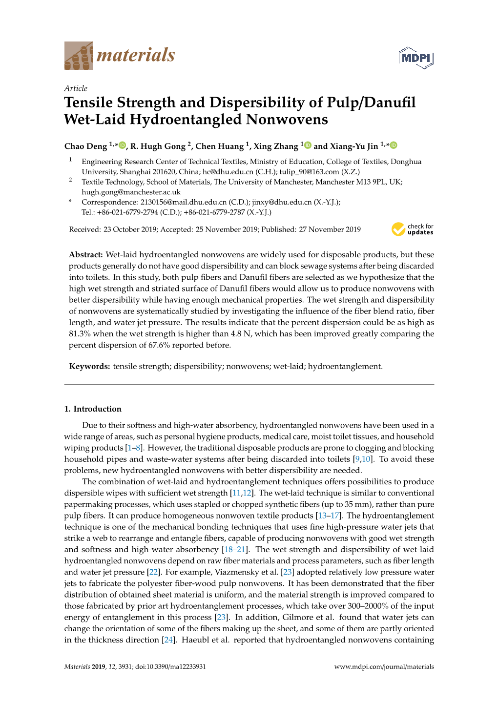 Tensile Strength and Dispersibility of Pulp/Danufil Wet-Laid Hydroentangled Nonwovens