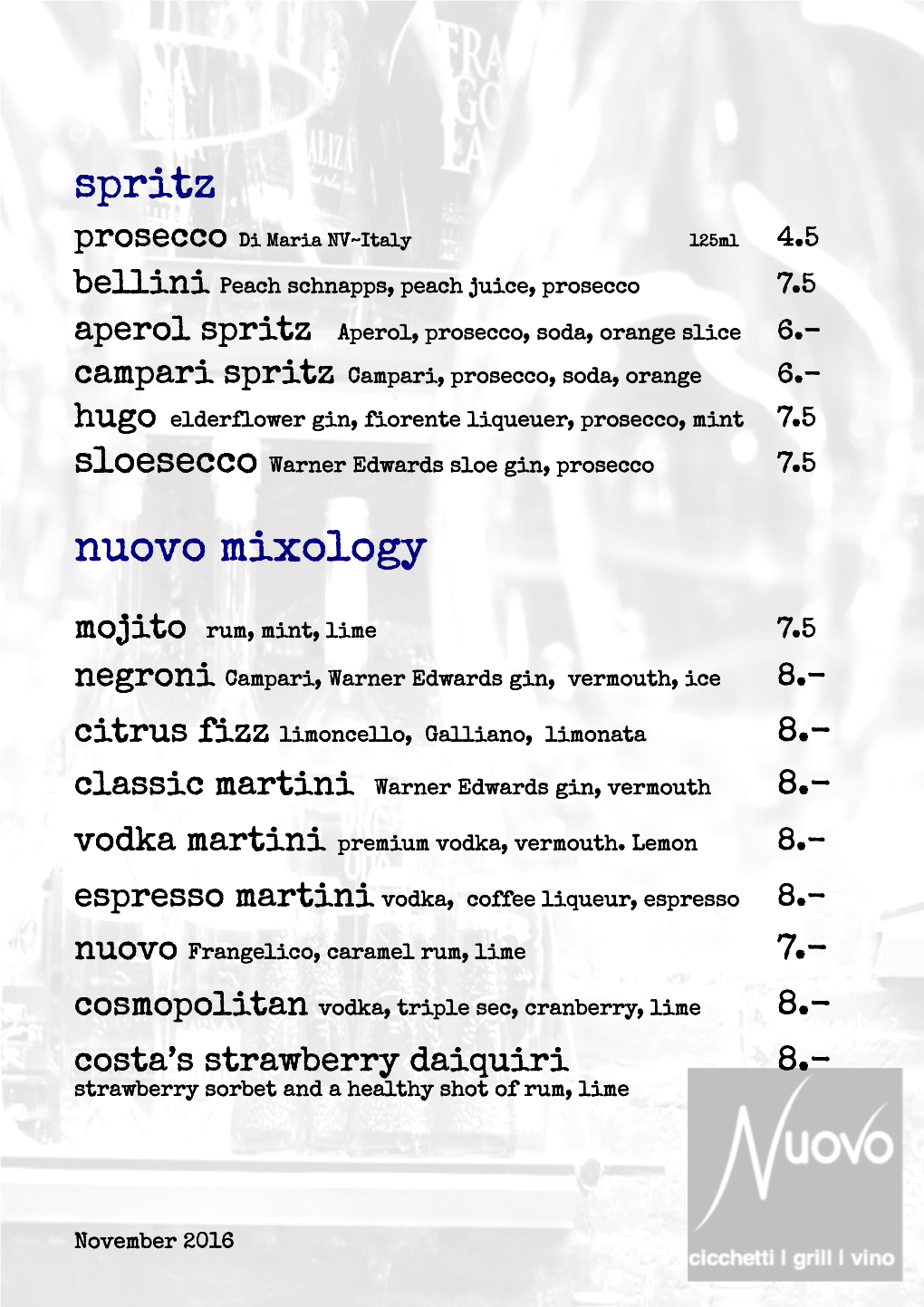 Nuovo Wine and Drinks List October 16.Pub