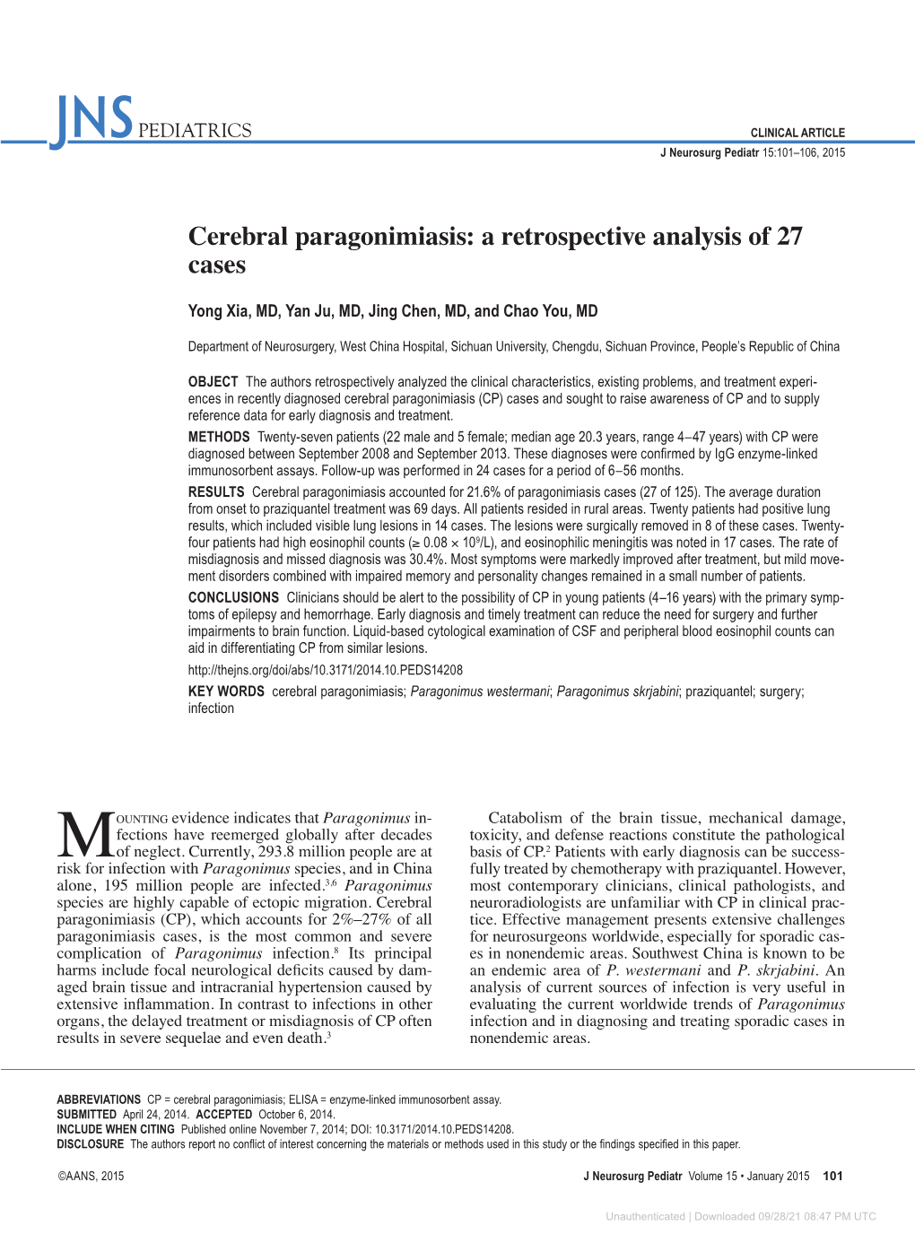 Cerebral Paragonimiasis: a Retrospective Analysis of 27 Cases