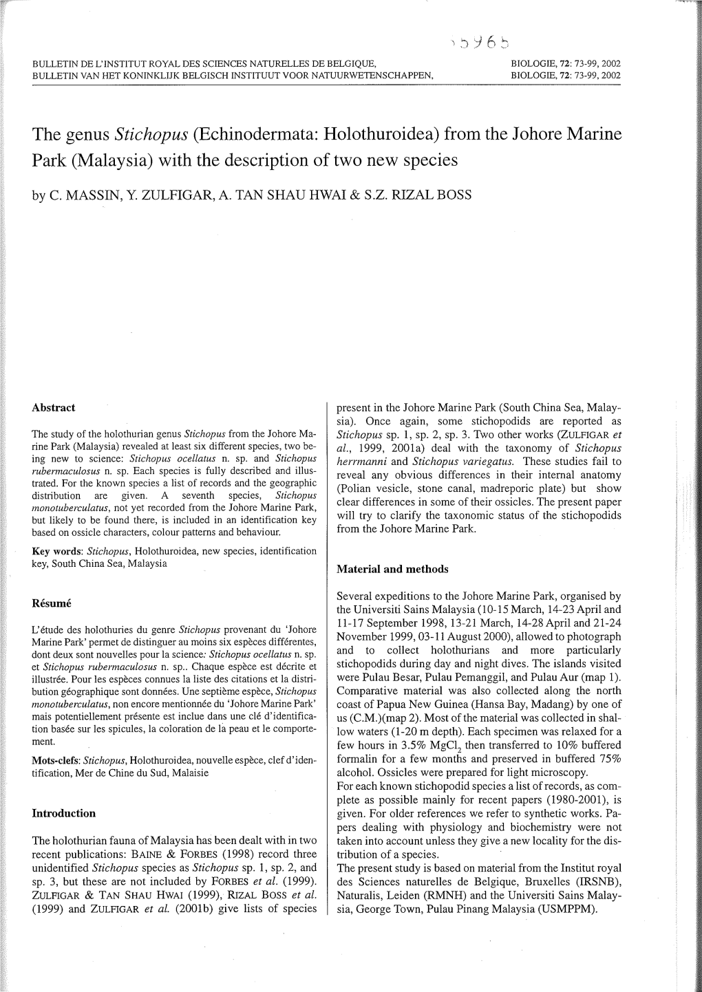 The Genus Stichopus (Echinodermata: Holothuroidea) from the Johore Marine Park (Malaysia) with the Description of Two New Species by C