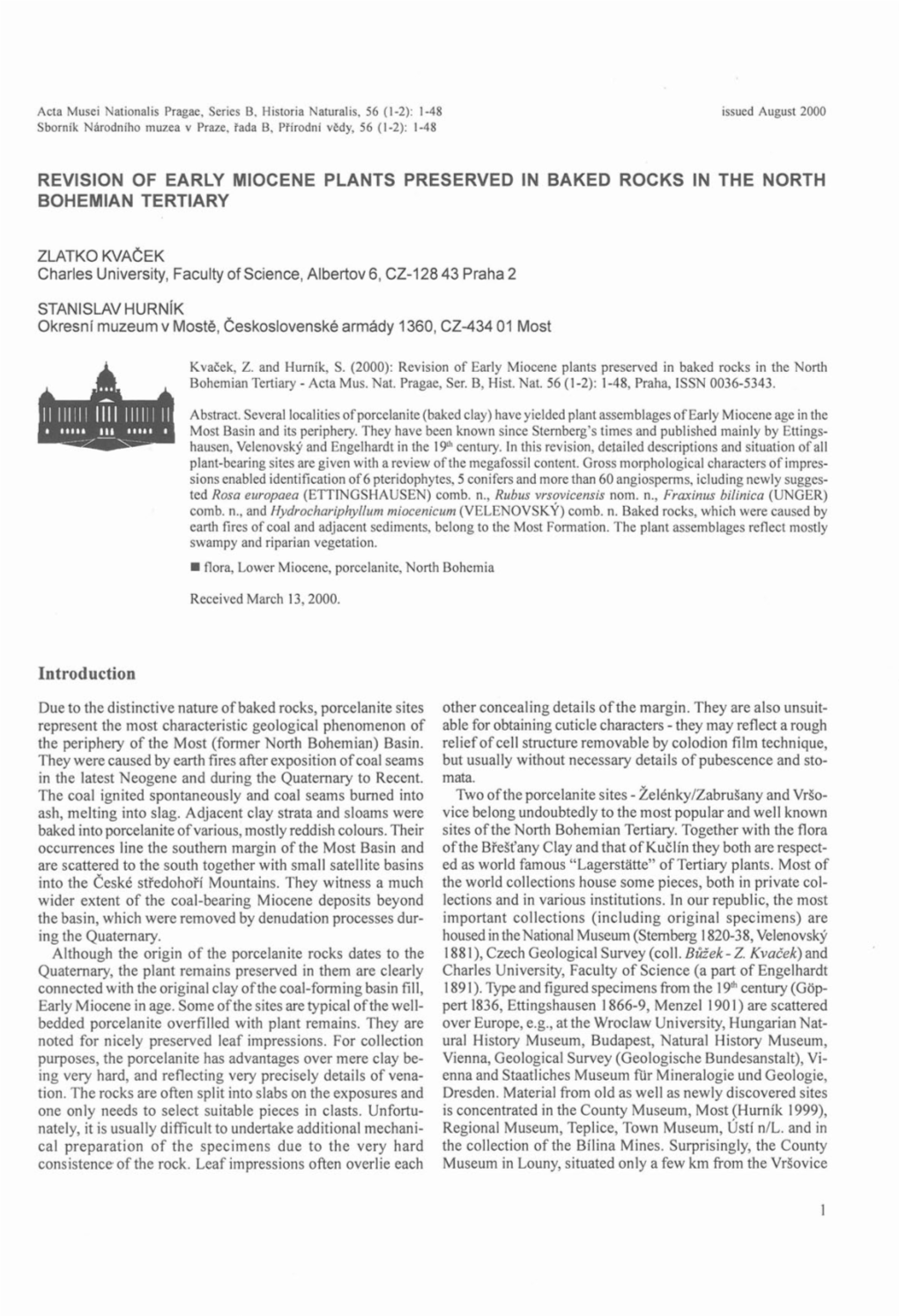 Revision of Early Miocene Plants Preserved in Baked Rocks in the North Bohemian Tertiary